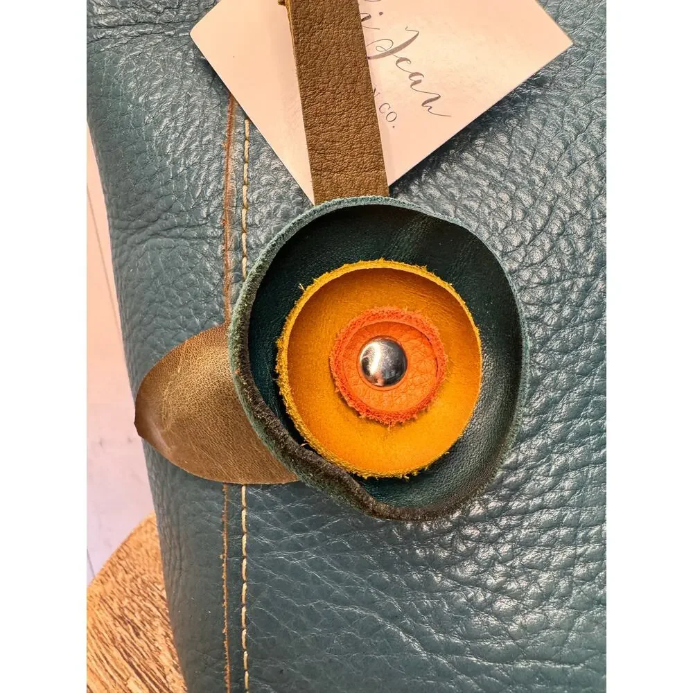 Genuine Leather Round Flower Purse Charm Blue Chartreuse Peach Boho Bag Charm